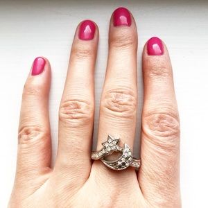 Vintage silver & rhinestone star and moon ring